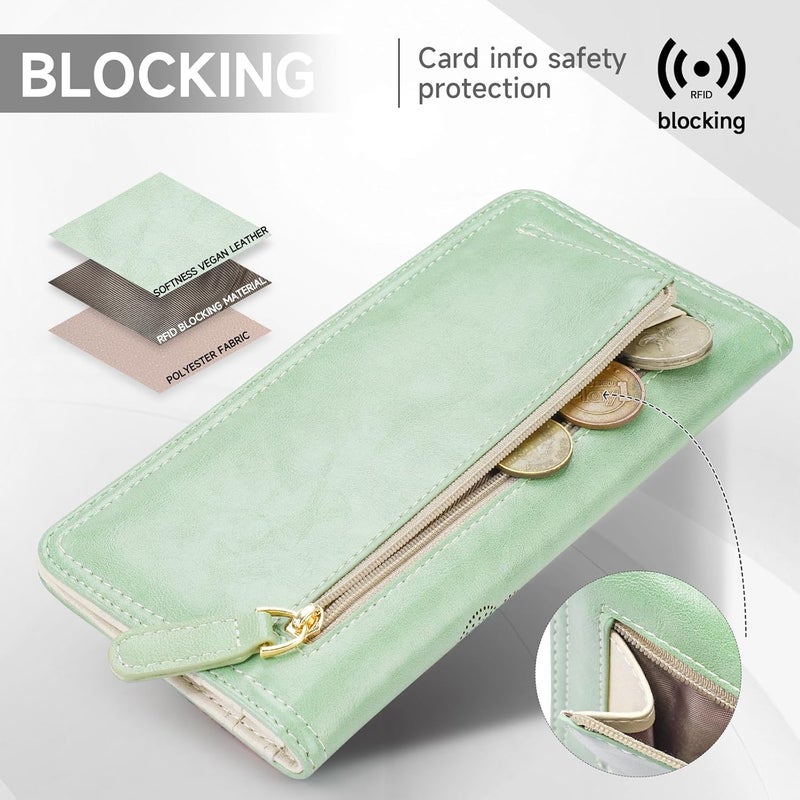KITEVIUN RFID Wallet Women Ultra Slim Thin Womens Wallet Compact Clutch Long Ladies Wallet for Women Peppermint-Mambo-Green - Image 4